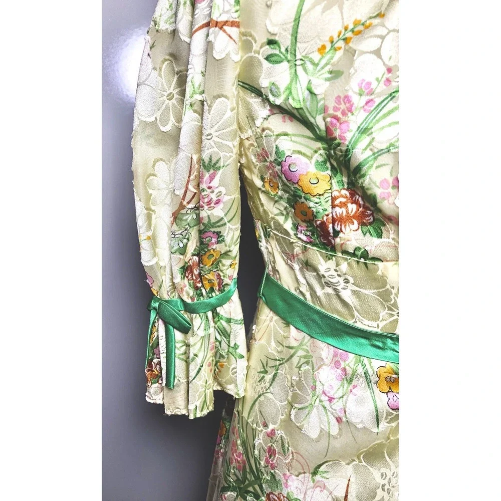 Vintage 1970s Boho Dress Floral Brocade Maxi Dress Festival Gown STAINED XS - Picture 9 of 16